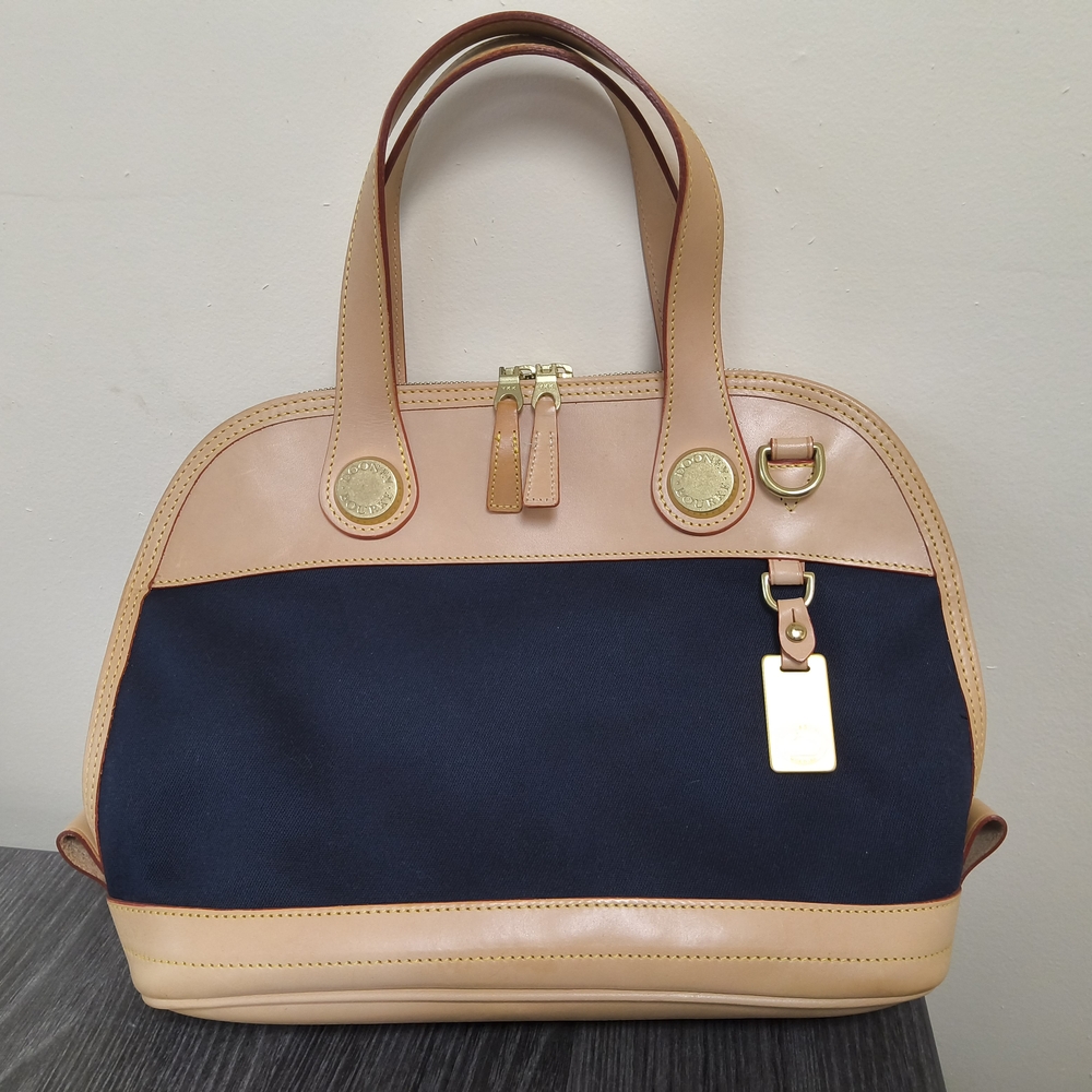 Dooney & Bourke Dome Navy Canvas and Tan Leather Satchel - Vintage